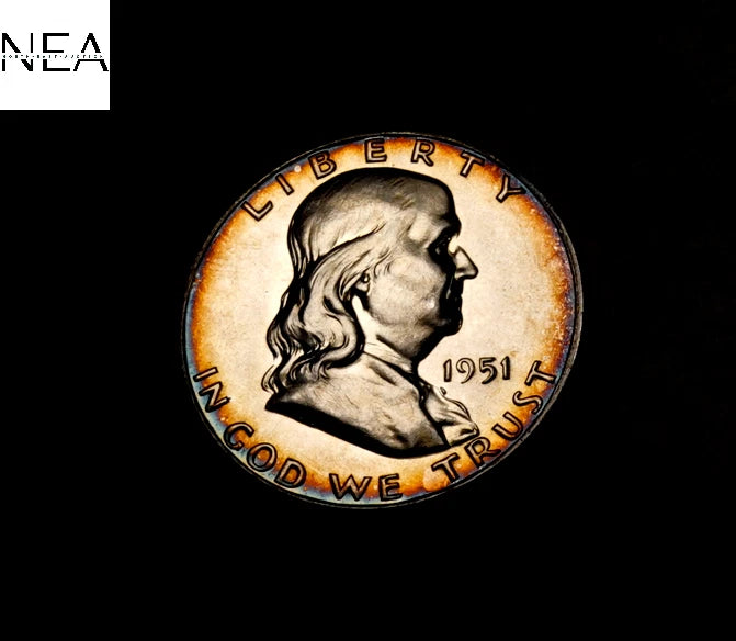 1951 Franklin Half Dollar ~ Gem Proof CAMEO Rainbow Toned