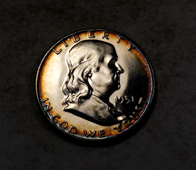 1951 Franklin Half Dollar ~ Gem Proof CAMEO Rainbow Toned